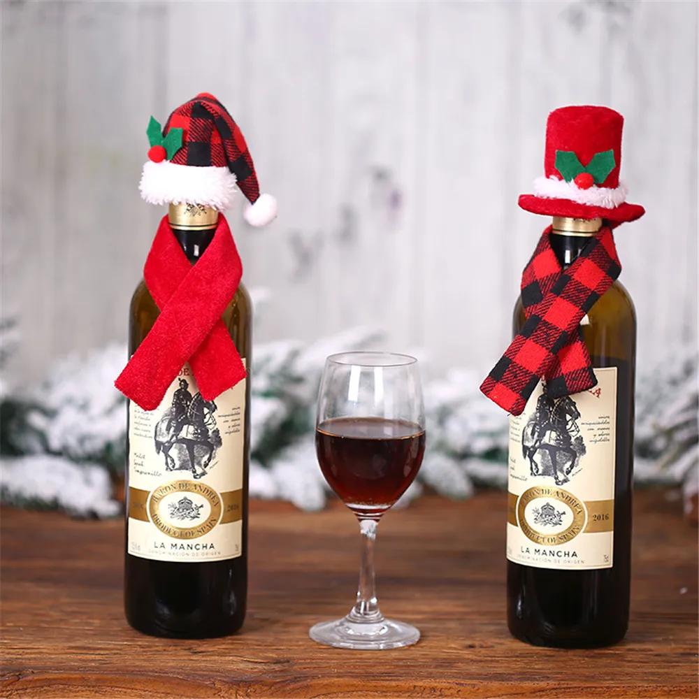 Noël Buffalo Plaid Mini Santa Hat et écharpe Couverture de bouteille de vin Porte-argenterie Ornements de table de Noël PHJK2110