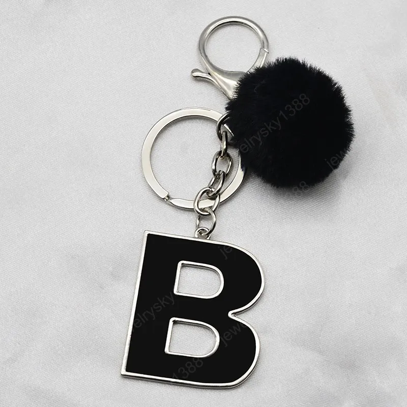 DIY A-Z Litery Kluczowe Łańcuch Czarny Pompon Metal Brelok Kobiet Samochód Prosta Nazwa Lettera Key Holder Party Prezent Biżuteria
