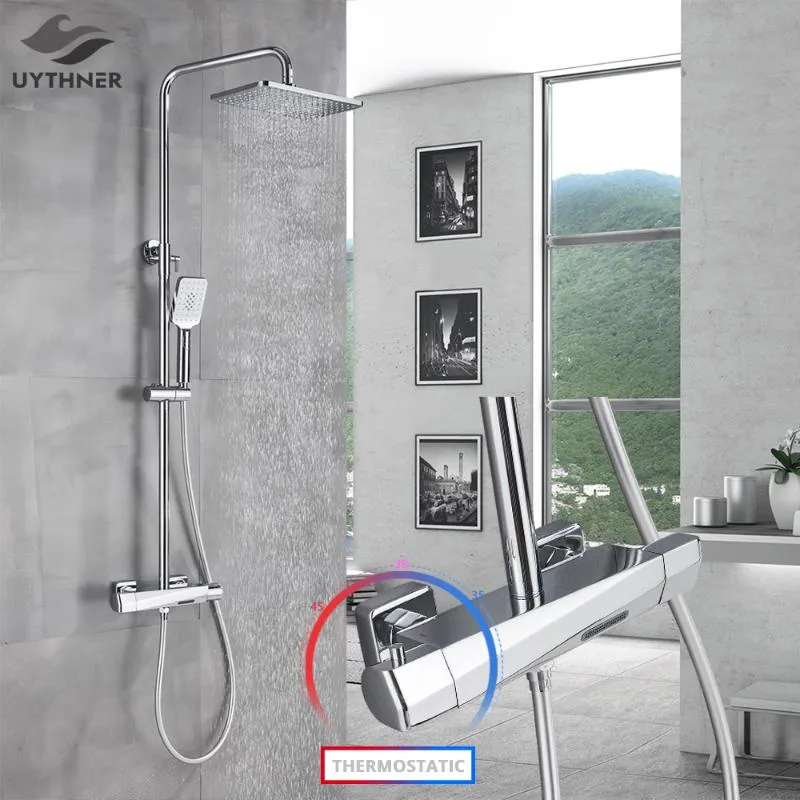 Chrome Shower Faucet Thermostatic Bath Rain Head Wall Mounted Bathtub Mixer Tap Thermostat Controled Set Bathroom Sets