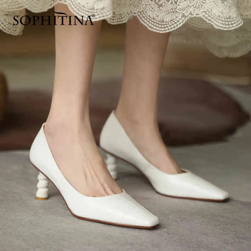 SOPHITINA Women Pumps Spiral Heel Design Premium Leather Stone Pattern Ladies Shoes TPR Square Toe Trend Female Shoes AO308 210513