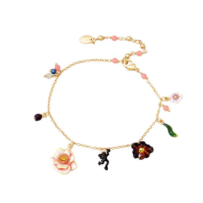 Monet Garden – série européenne et américaine d'automne et d'hiver, pétales multicolores, bijoux, fleurs, pendentif grenouille, Bracelet en émail