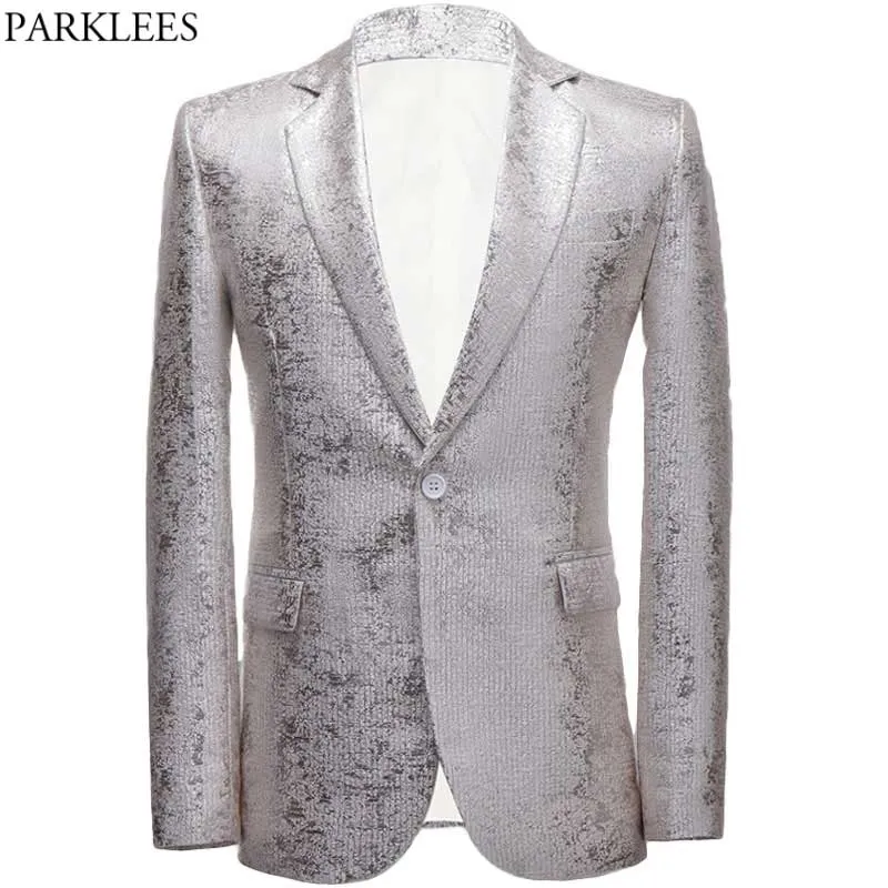 Shiny Silver Brocade Pak Jas Mannelijk Merk One Button Collar Tuxedo Jurk Blazers Mannen Slanke Fit Bruiloft Party Kostuum Homme 210522