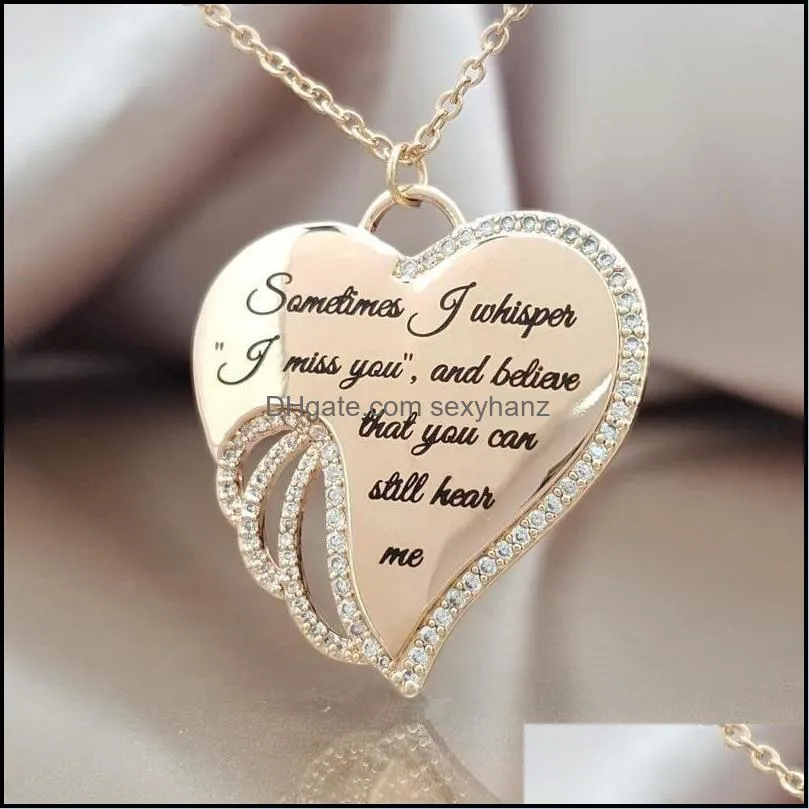 S878 Hot Fashion Jewelry Letters Heart Necklace Hollow Out Rhinstone Angle Wing Heart Pendant Necklace