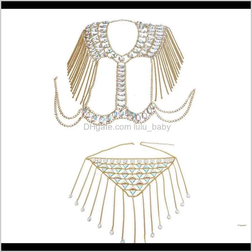 high quality glittering very beautiful colorful acrylic crystal tassel fashion sexy bra skirt set waist belly body chain jewelry gold