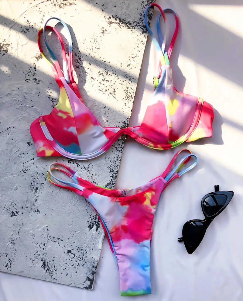 Sexy Tie Dye Perizoma Bikini 2020 Costumi da bagno donna Costume da bagno femminile Due pezzi Bikini set V-Bar Wired Push Up Bather Costume da bagno Swim Y0820