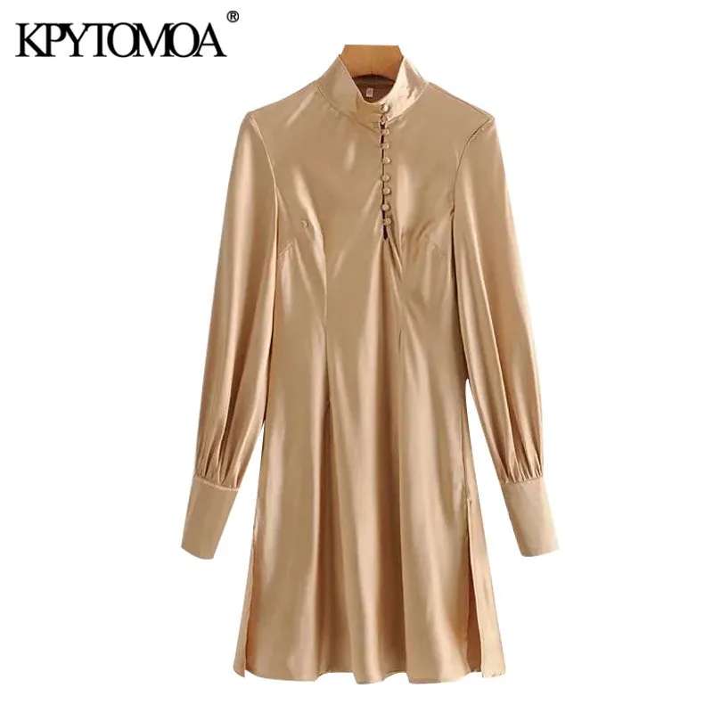Women Chic Fashion With Buttons Side Vents Cozy Mini Dress Vintage High Neck Long Sleeve Female Dresses Vestidos 210416