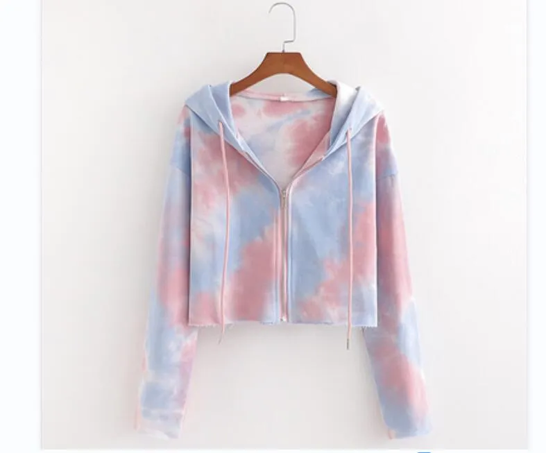 Autumn Fashion design women's rainbow color tie-dying hooded sweatshirt cardigan coat plus size SML