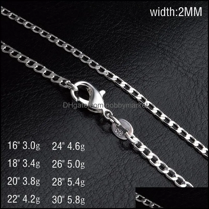 2MM 925 sterling silver Side chains 16 18 20 22 24 26 28 30 inches Silver Plated necklace For women&female Fashion Jewelry