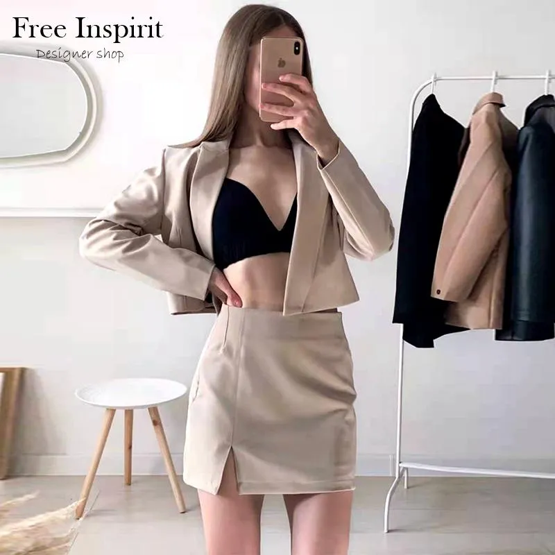 Two Piece Dress Spring Women's Solid Short Suit Coat Lapel Concealed Button Design Slim Split Mini Skirt Color