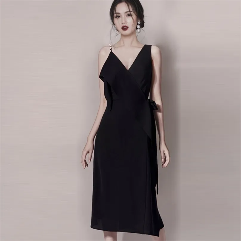 Styl Letni Koreański Moda Temperamemt Sexy Sling Dressthin V Collar Eleganckie Biuro Dor Kobiety Sukienki 210602