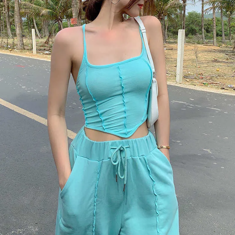 FORYUNSHES Blue Halter Lolita Loose Cropped Tank Top Backless Crop