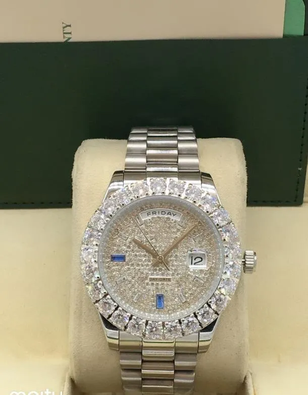 Hög kvalitet 43mm Day Date Man Watch Big Diamond Men Mens Automatic Mechanical Movement Wristwatches Full rostfritt stål Modeklänning Male Watches Wristwatch
