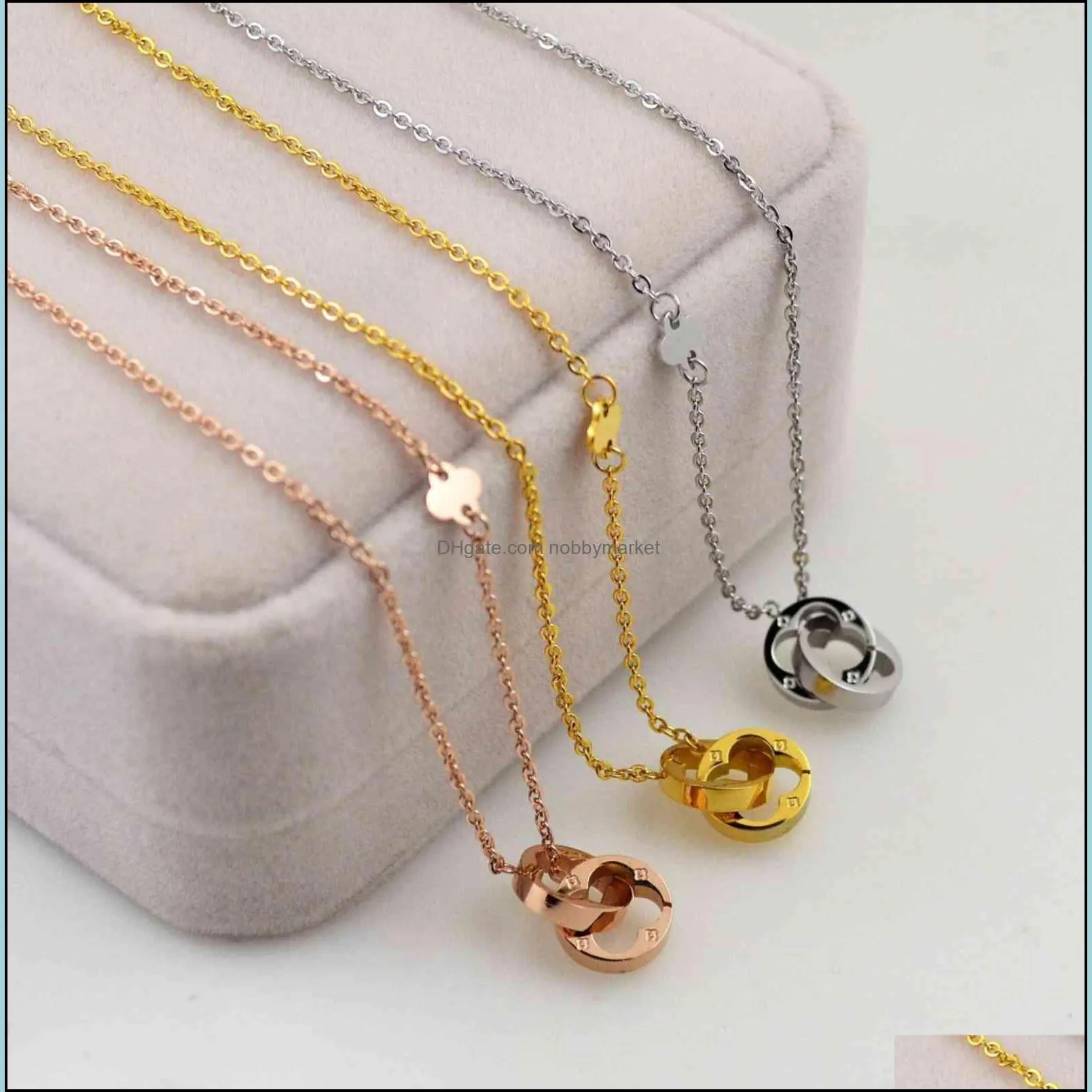 New Korean hollow out double ring clover short necklace fashion hot selling titanium steel button lucky grass clavicle Necklace