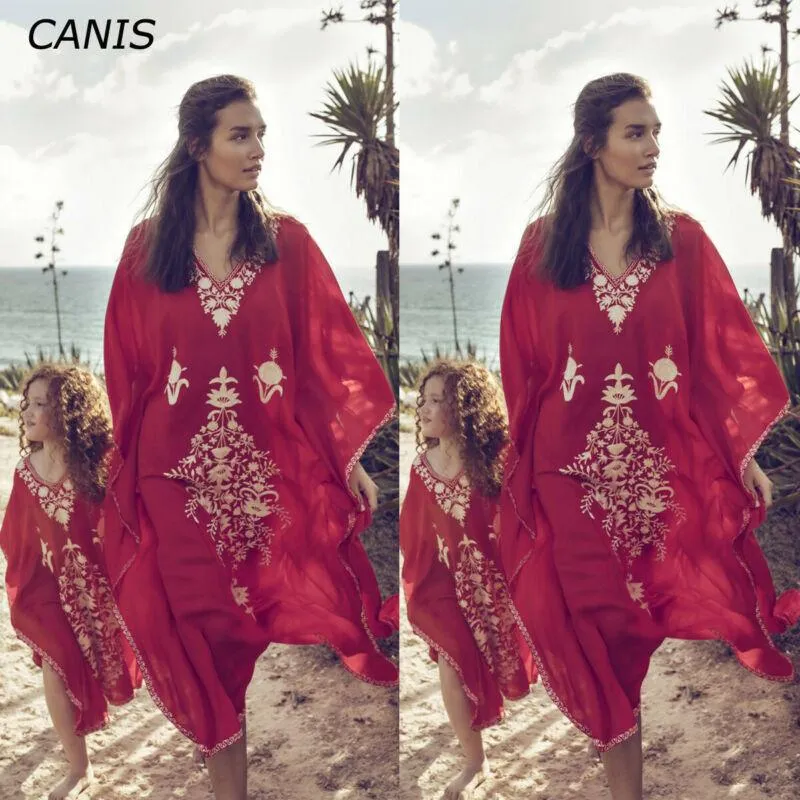 Sumemr mamma dotter boho kaftan klänning kvinnor strand täcker upp kaftan maxi gown sarongs