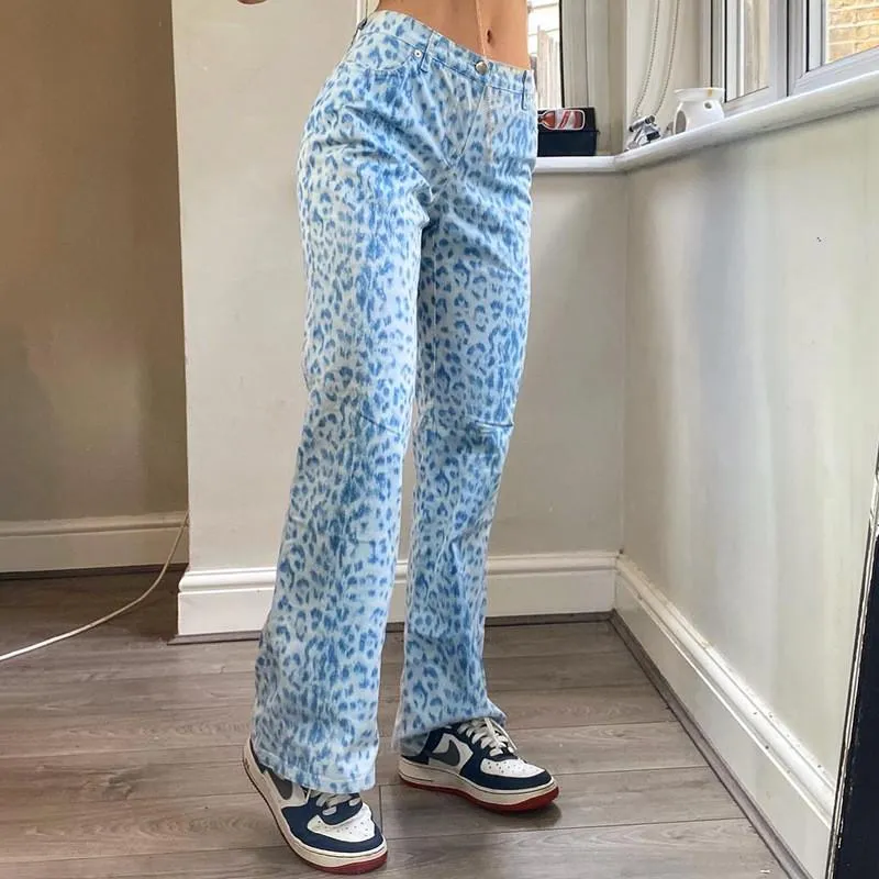 Calças femininas capris mulheres moda casual calças longas sino fundos de sino cintura alta cintura azul leopard imprimir larga perna flare streetwear feminino pano