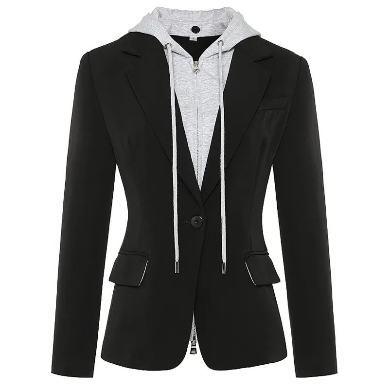 Yüksek Street Est Şık Tasarımcı Blazer Ceket Kadın Zip Çıkarılabilir Kapüşonlu Tek Düğmeler Casual 210521