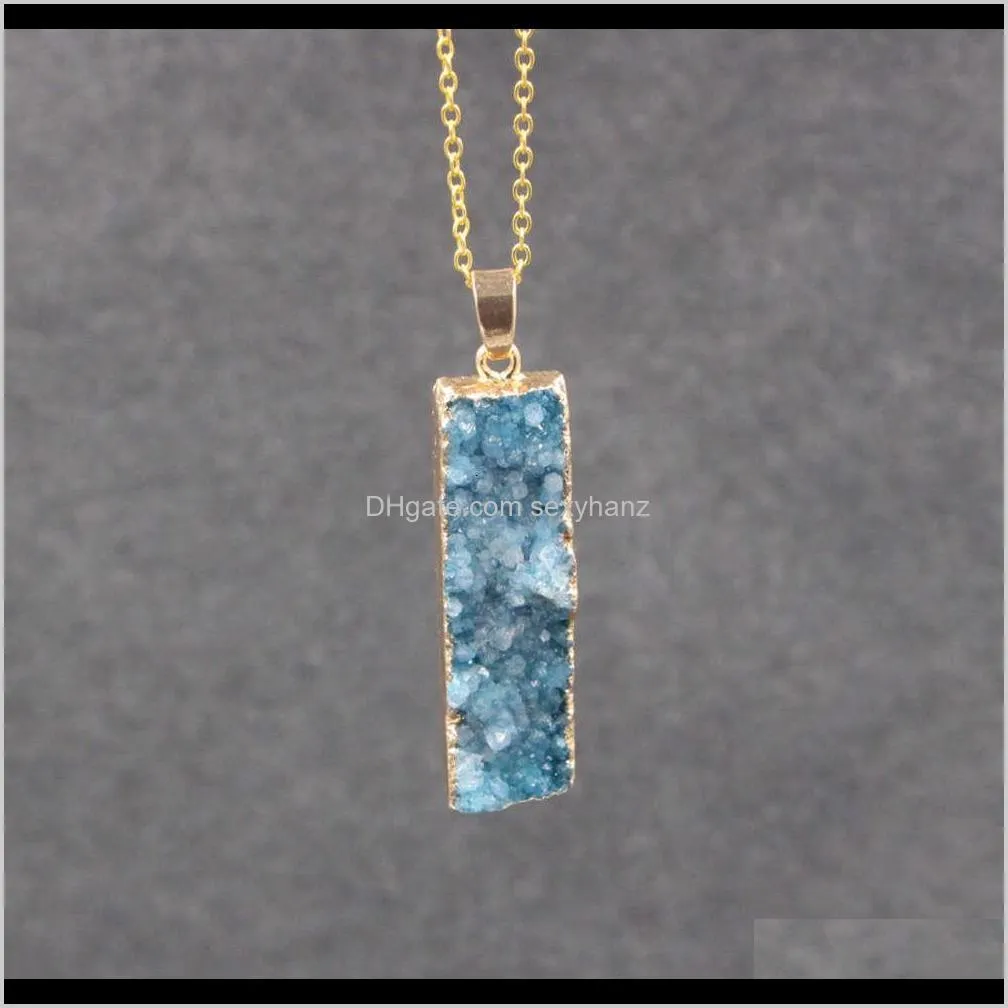 gold plated rectangular irregular natural stone pendant women`s crystal sweater necklace