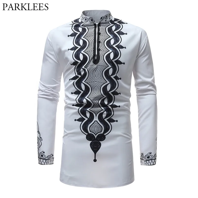 Africano Tribal Dashiki Longline Camisa Marca Slim Manga Longa Manga Mandarina Vestido Homens Roupas Camisa 210721