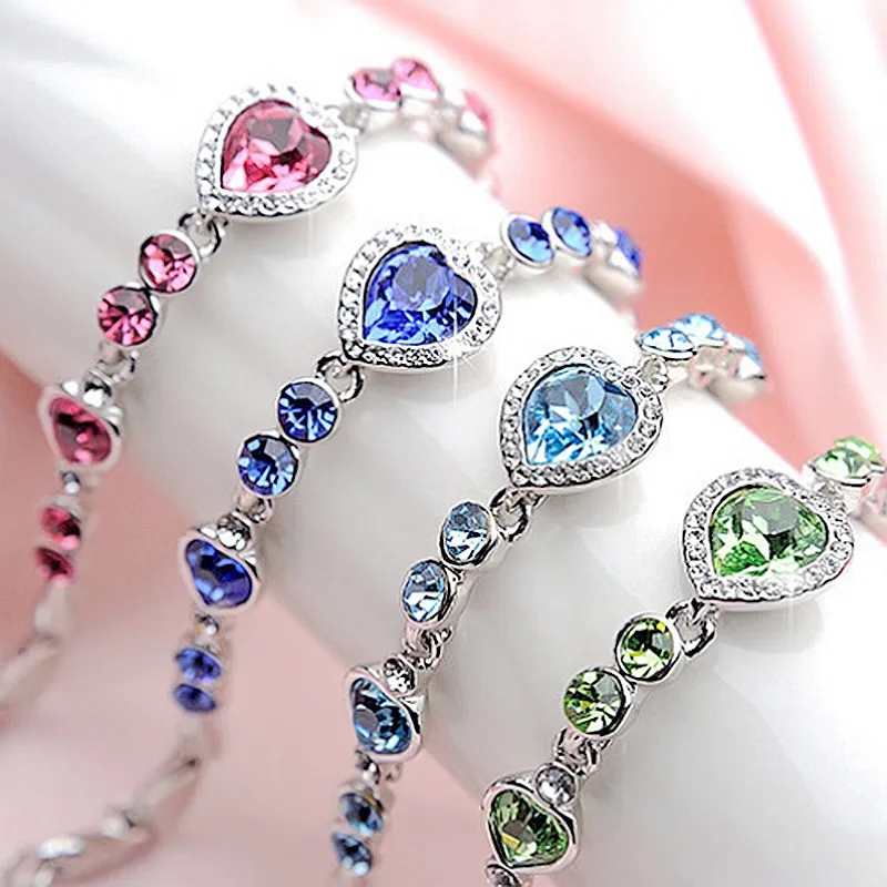 Fashion Blue Crystal Bracelet Link Chain Ocean Heart Colorful Crystal Bracelets Jewelry