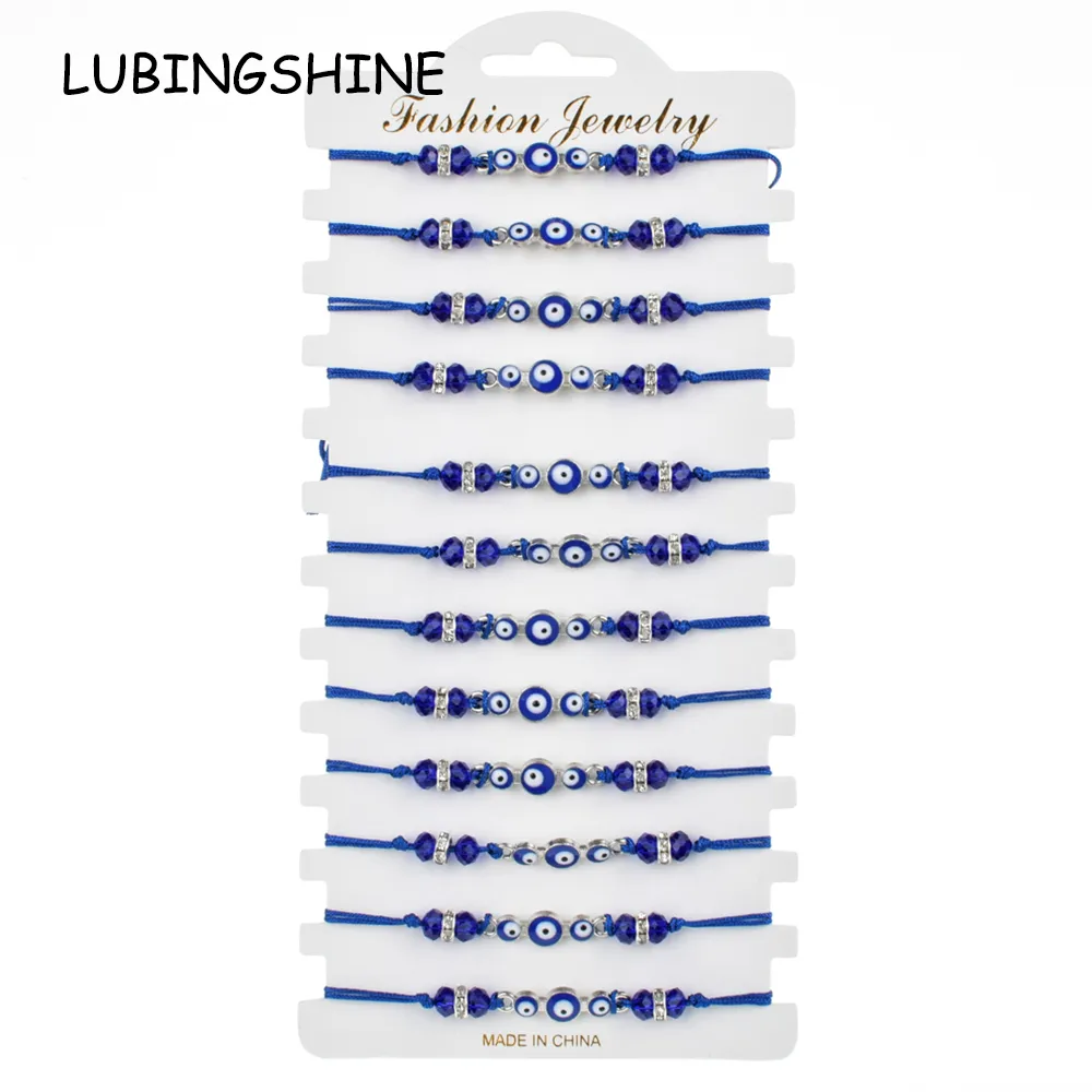 Couples Women 12pcs/Sets Blue Turkish Evil Eye Charms Bracelets Crystal Bead Adjustable Rope Chain Anklets Child Girl Jewelry