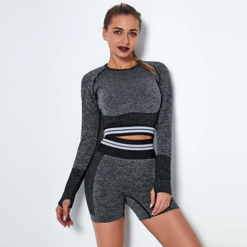 Yoga Outfit Women Seamless Sport Suit Set Gym Workout Clothes Long Sleeve Fitness Crop Top + High Waist Energy Running Shorts