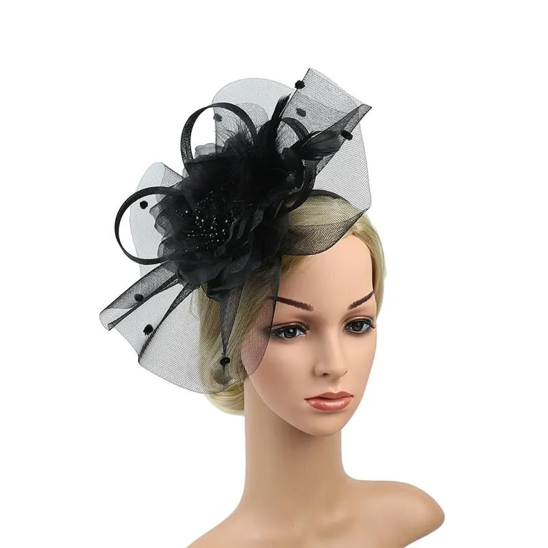 パーティーの帽子hiriginファッションの羽フラワーメッシュヘアーフープヘッドピース魅力的な女性の女の子のためのカクテルティーヘッドウェア