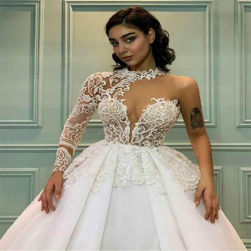 Stunning One-Shoulder Lace High Neck Bridal Dress with Long Sleeves and Sweep Train - Perfect for Formal Weddings and Balls