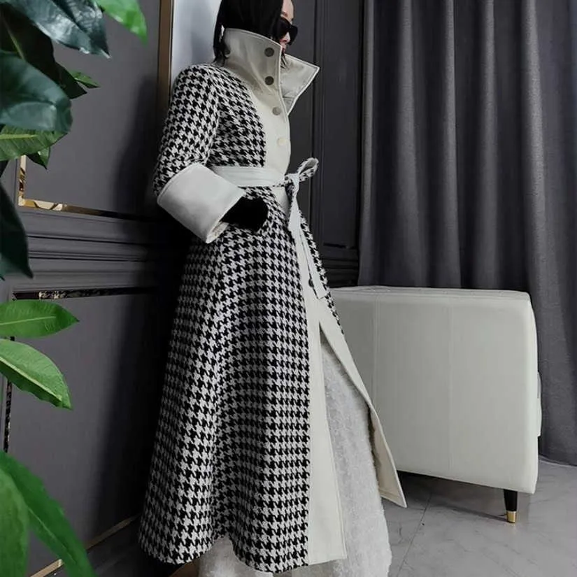 Arrival Moda Houndstooth Woolen X-Long Coat Kobiety Stojak Kołnierz Slim Pu Szycie Płaszcz 210930