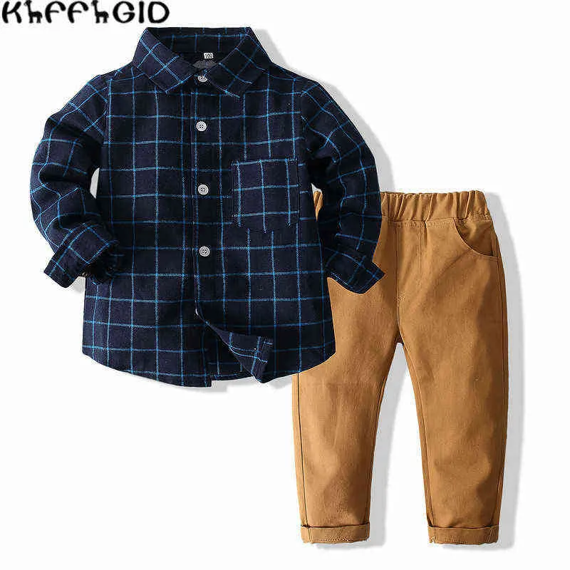 21Spring and Autumn Long Sleeve Three-Piece Suit Boys Plaid Shirt + Casual Pants Baby Full Moon Dress Gentleman Three-piece Set G220310