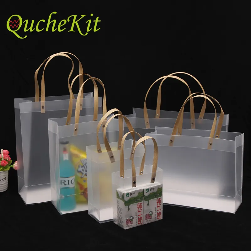 10Pcs High Quality Plastic Bag Frosted PP with Paper Handle Semi Transparent Plastic Packaging Bag for Gift Flower Supply