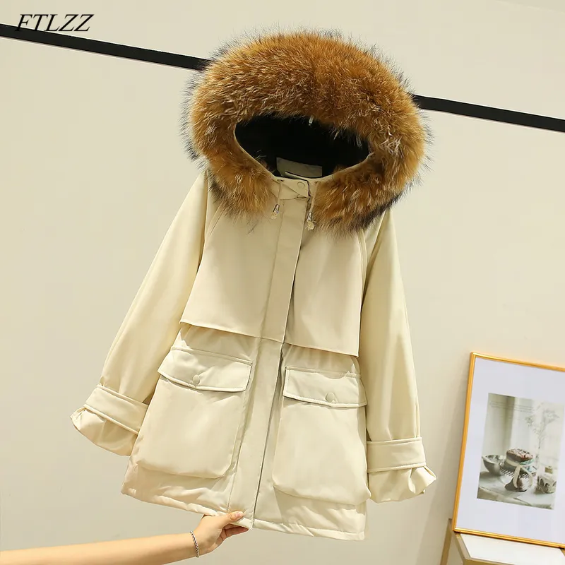 Winter Large Real Natural Fox Fur Hooded Jacket Women 90% White Duck Down Coat Female Loose Thick Warm Snow Outwear 210423