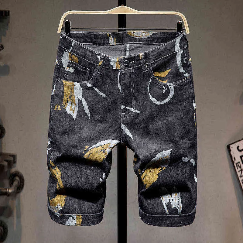 Летние новые мужские джинсы шорты мода дизайн печати прямой тонкий промытый винтажный мужчина джинсовые брюки длина колена высокое качество H1210