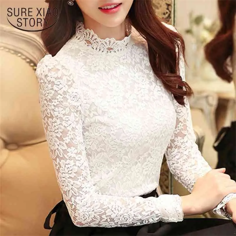 plus size top moda donna camicette camicetta di pizzo bianco camicia manica lunga donna camicie blusas moda donna camicetta 1695 210527
