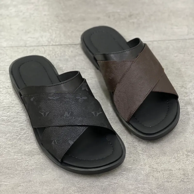 Designer Sandal Foch Mules Slides Slipper Men Brown Black Ostrich Leather Flat Sandals Printing Wide Cross-over Straps Shoe With Box 282