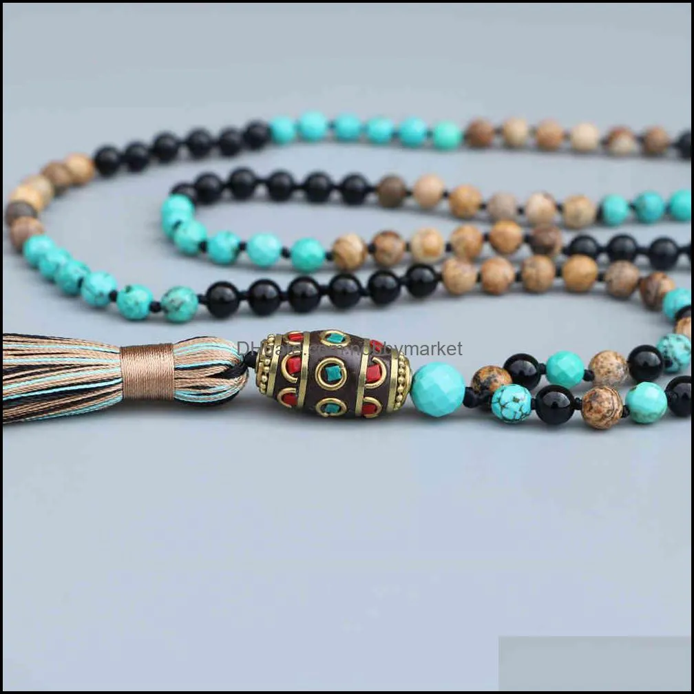 EDOTHALIA New Bead Necklace Women Black Onyx, Picture Stone, Faceted Blue Stone Nepal Pendant Necklace Gift Fashion Jewelry 210323