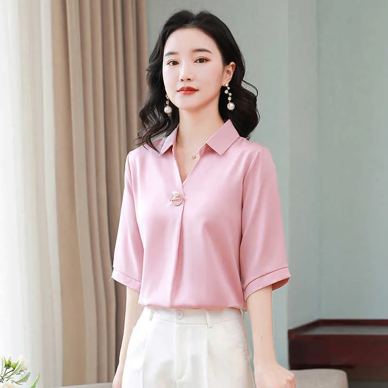 Sommer Koreanische Mode Satin Frauen Blusen Kurzarm Büro Dame Solide Shirts Plus Größe XXXL Rosa Tops 210531