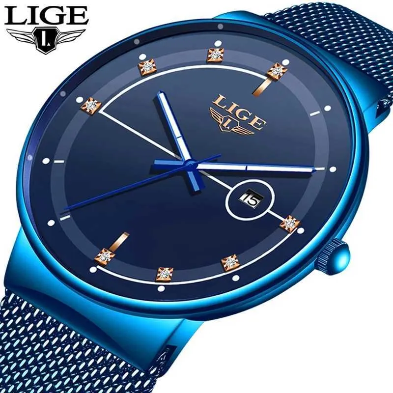 ブルークォーツ時計Ligeメンズウォッチトップブランドラグジュアリーウォッチ男性のシンプルなすべてのスチール防水腕時計腕時計Reloj Hombre 210527