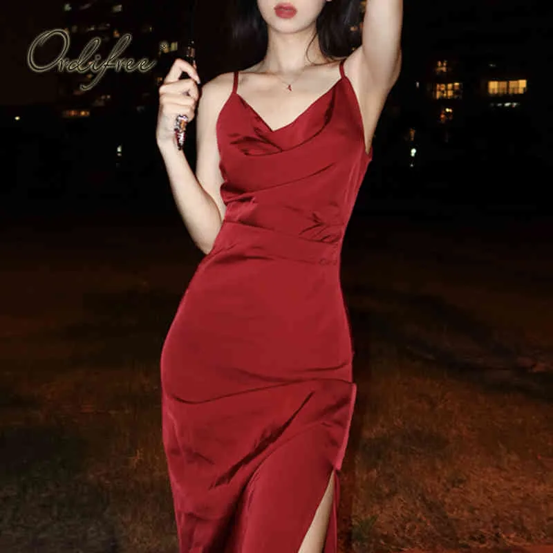 Summer Women Satin Slip Spaghetti Pasek Split Red Silk Sexy Długa Długa sukienka 210415