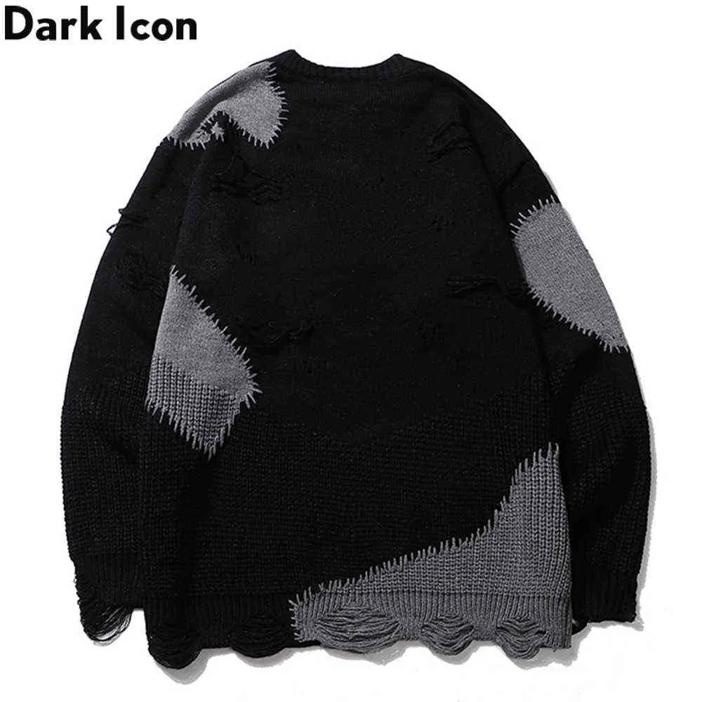 Patchwork Ripped Sweater Heren Crew Neck Hipster Heren Trui Knitwear Sweaters Man 210603