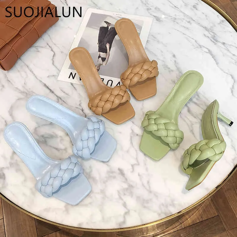 SUOJIALUN 2020 nouveau Design armure femmes pantoufle dames mince talon haut sandale bout ouvert sans lacet été extérieur diapositives tongs chaussure C0407