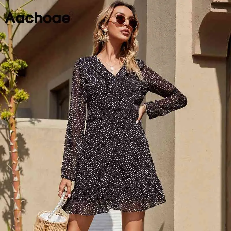 Summer Dot Print Mini scollo a V Ruffles Abito in chiffon Vedere Throgh Sleeve Lady Abiti casual neri Robe Femme S-XL 210413