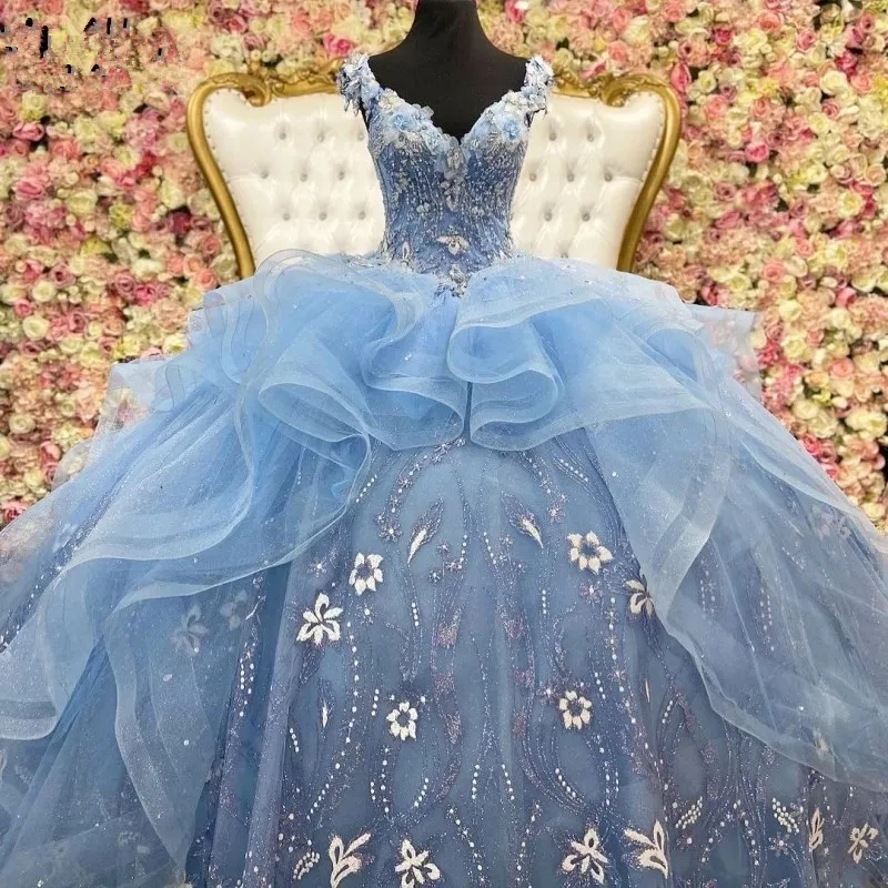 2021 ljus himmel blå vestidos de 15 años quinceanera klänningar beading applique söt 16 boll klänning plus storlek prom klänning