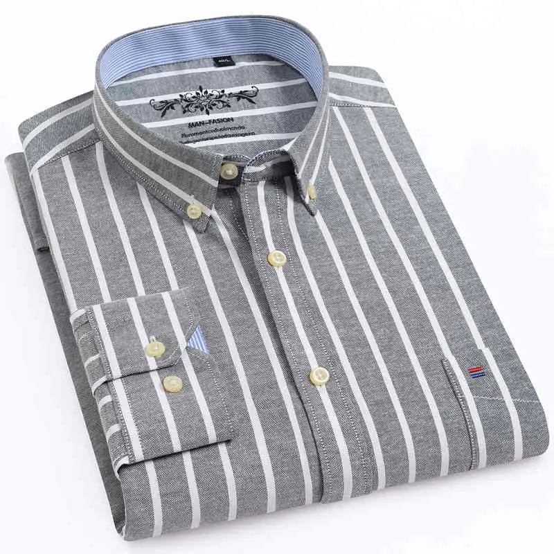 Heren Oxford Lange Mouwen Check Plaid Shirt Patch Borst Pocket Regular-fit geruite / gestreepte gedrukte casual button down shirts 210410
