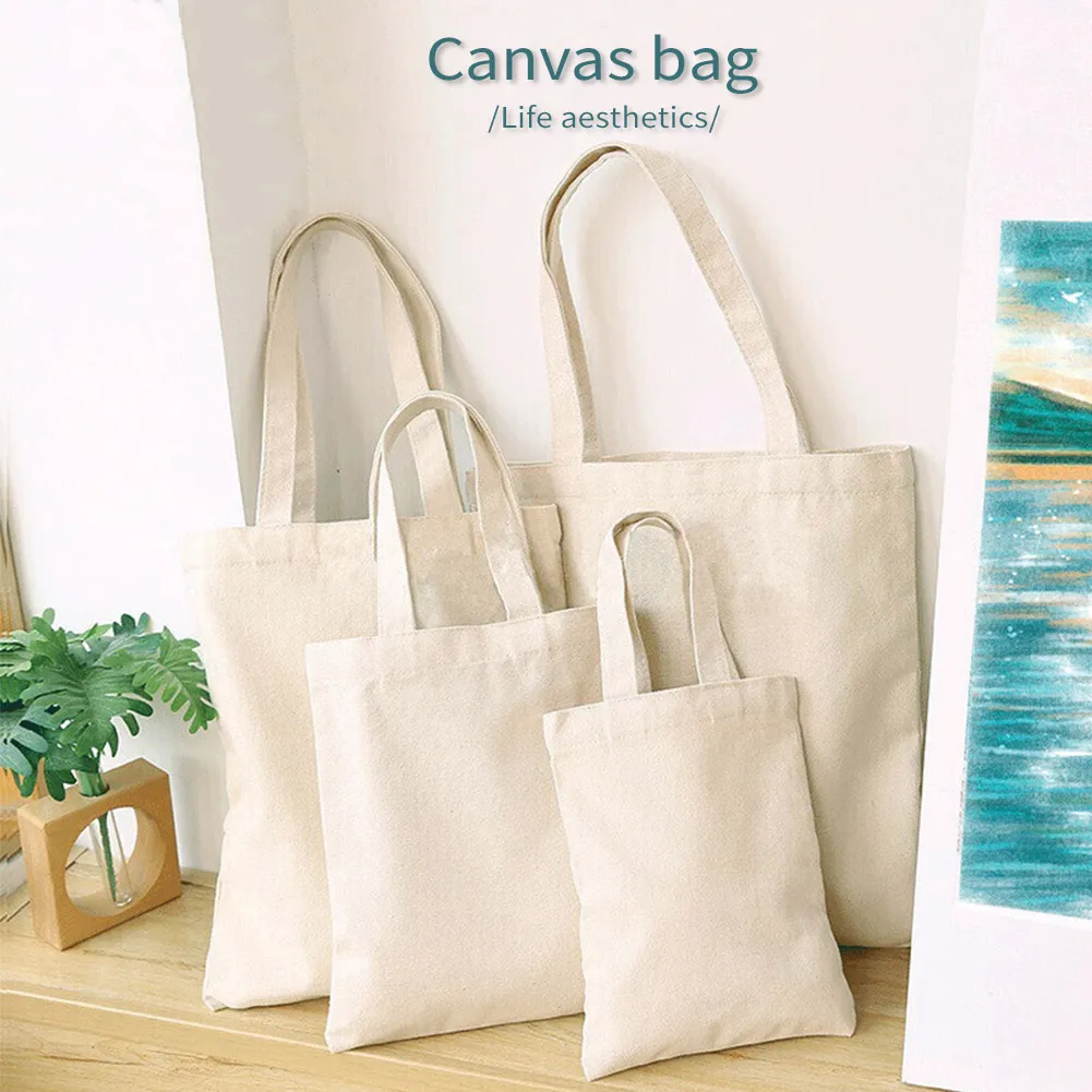 White Canvas Shopping Bags Eco Reusable Foldable Shoulder Large Fabric Cotton for Women