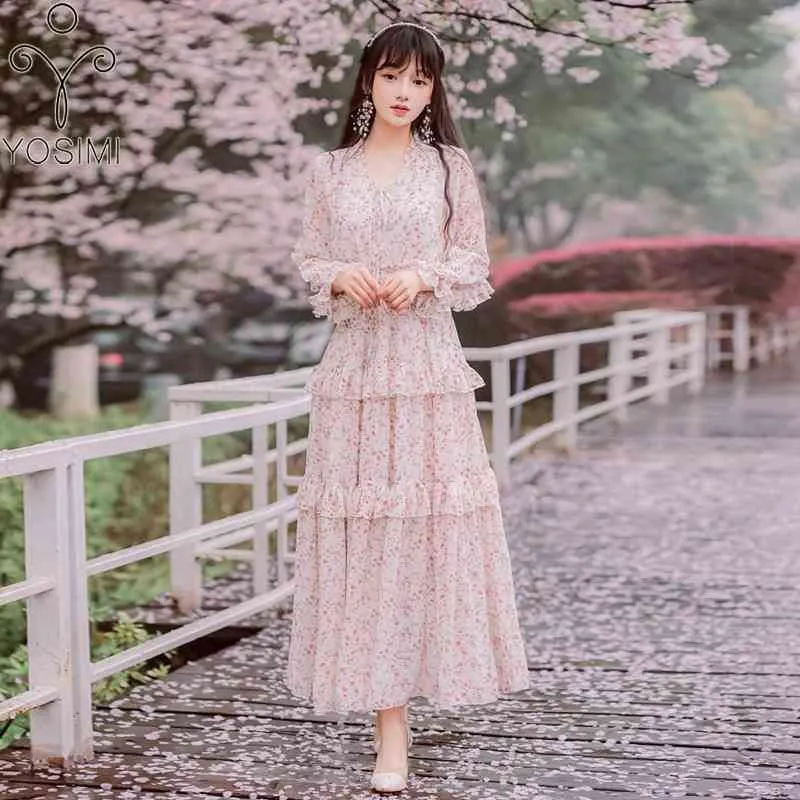 Yosimi wieczór party długie kobiety ubierają lato maxi elegancki różowy druk szyfonowy kostki-długość V-Neck Rękaw Sukienki Lady 210604
