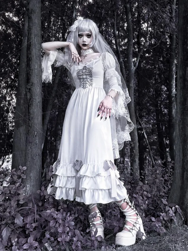 Casual Dresses Blood Supply Original Design Sad Bride White Gothic Satin Dress Sleeve Lolita Holloween Mid Long Ruffled Vestidos