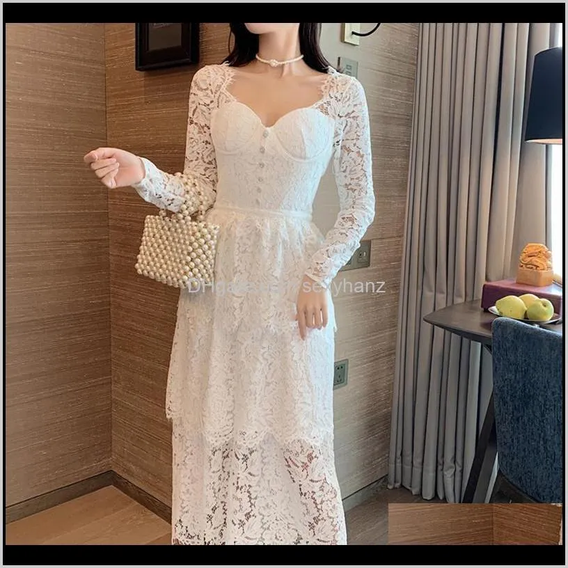 autumn 2020 new high-end temperament banquet white lace dress light luxury ladies sexy light mature hollow long sleeve dress1