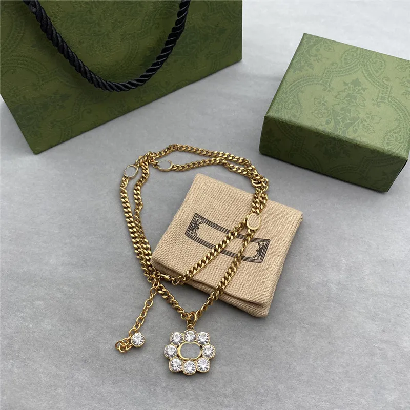 Trendy Women Rhinestone Pendant Necklaces Diamond Double Letter Long Necklace Sweater Chain With Gift Box Jewelry