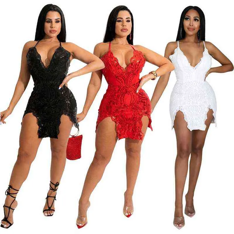 Women Sequins V neck Halter Sleeveless High Side Slit Bodycon Midi Dress Elegant Sexy Evening Party Pencil Clubwear Dresses 211115