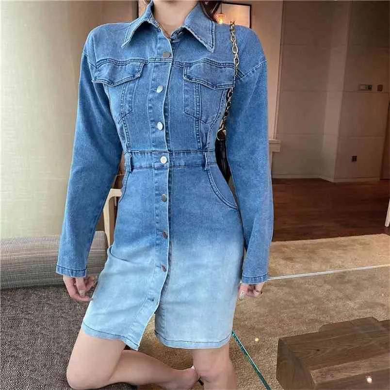 Denim klänning vårkvinnor koreanska temperament vända ner krage retro single-breasted slim bodycon vestidos 210519